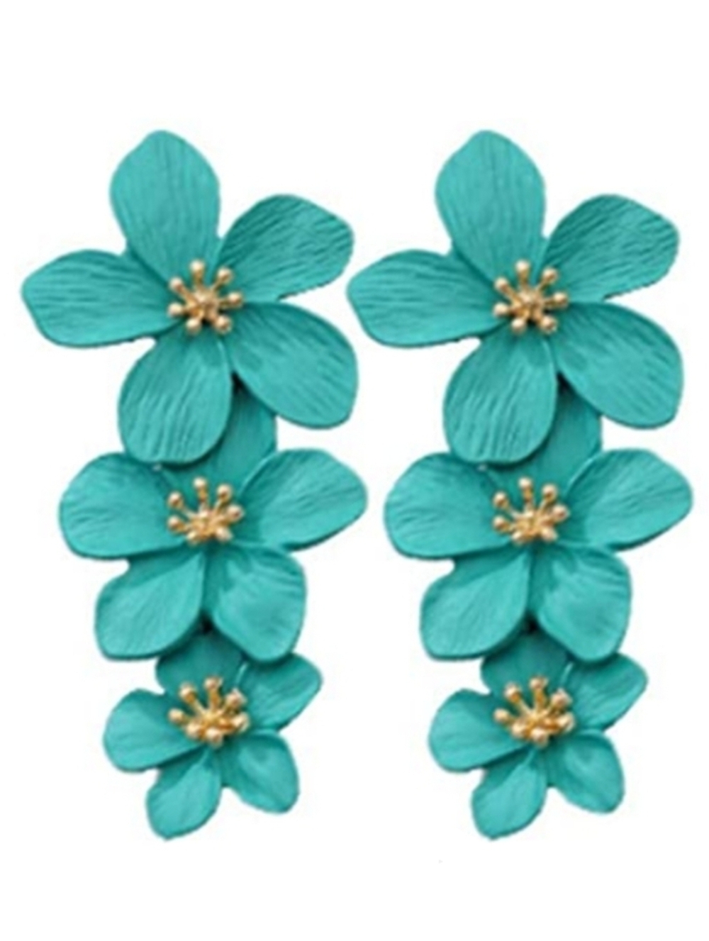 Big Aqua Blue Turquoise Triple Flower Blossom Earrings 3D Large Floral 3 Flowers